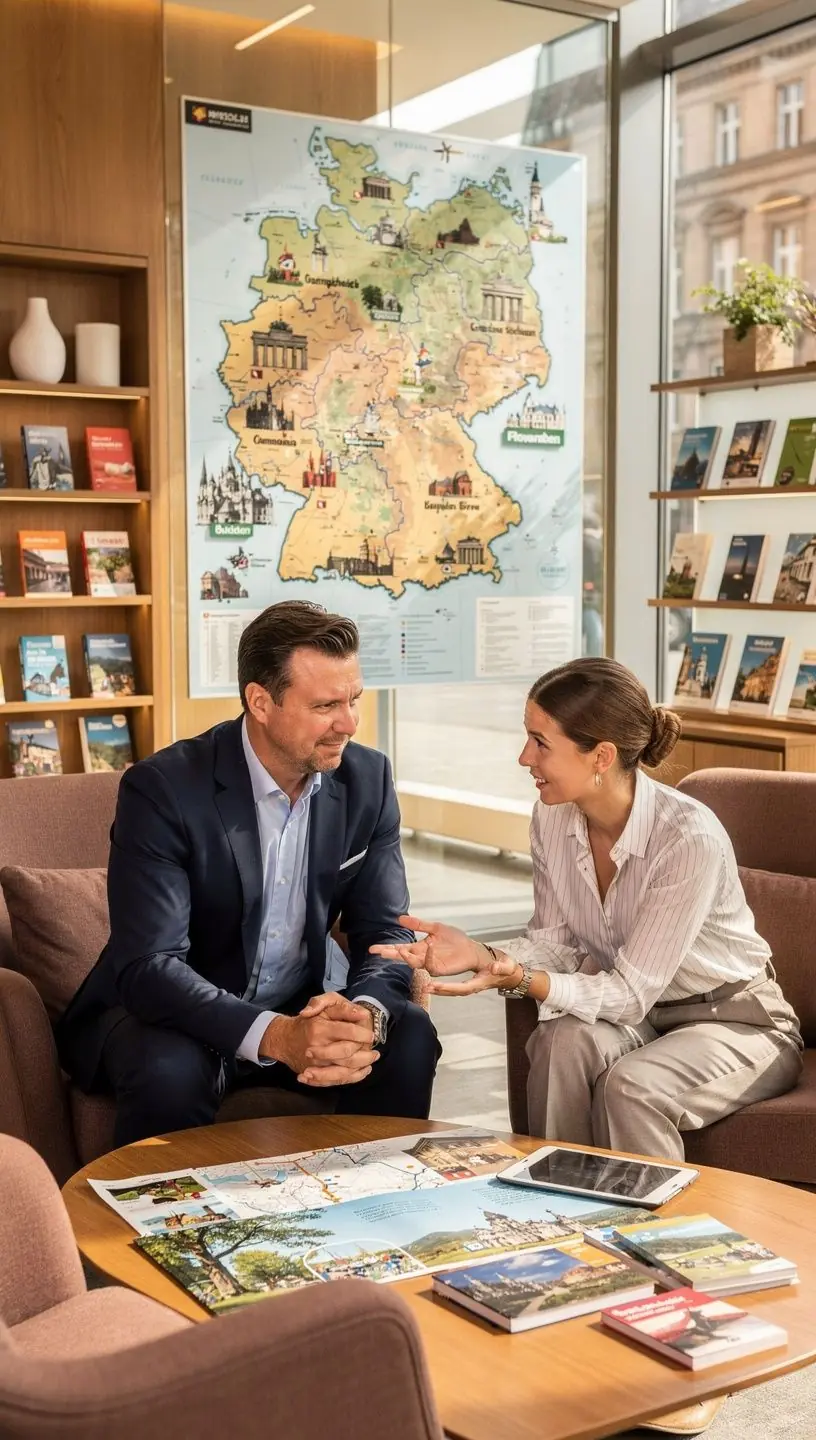 Elegantes Reisestudio mit modernen Karten und Reiseutensilien für maßgeschneiderte Deutschlandreisen